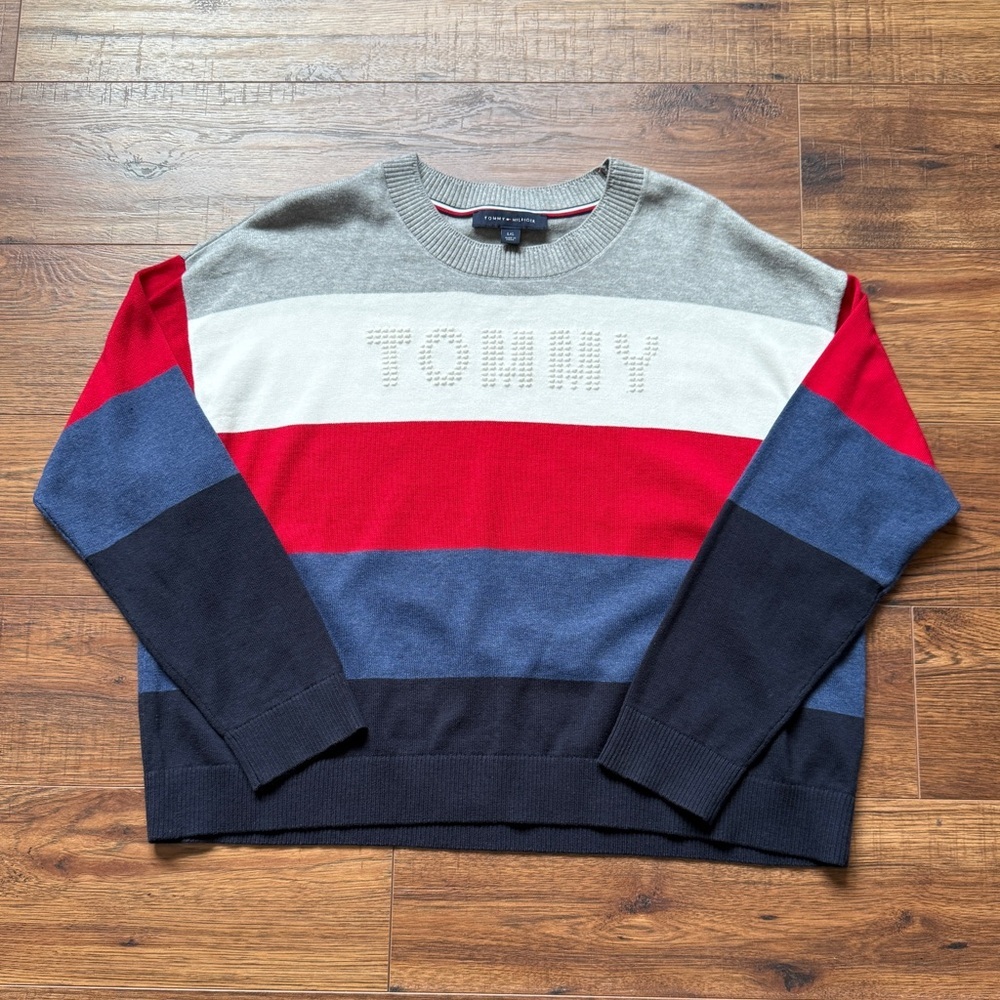 Tommy Hilfiger Women's Multi-Stripe Logo Bubble Logo Crewneck Sweater Size Large